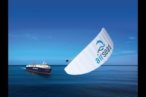 The Airseas parafoil line incorporates a data cable which runs to a control pod which directs the wing into a dynamic figure-of-eight flying pattern. Image: Airseas
